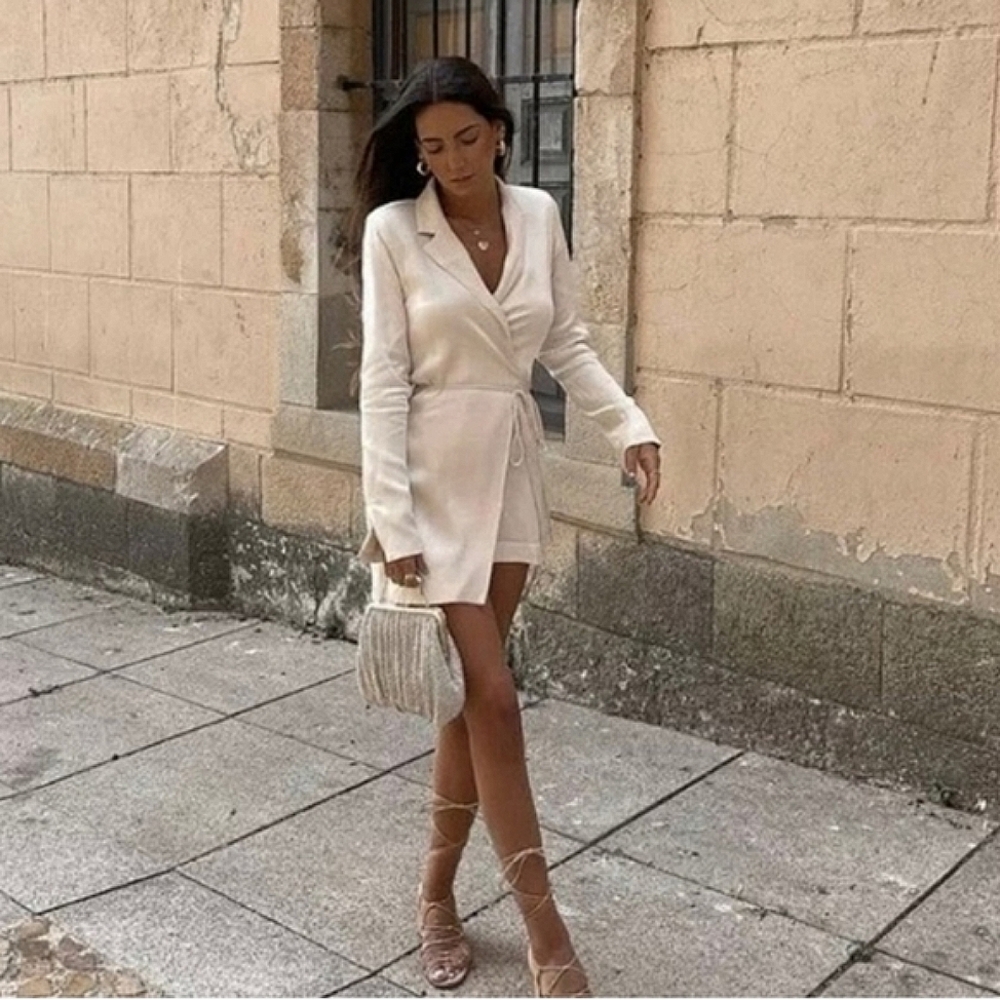 ZARA * CREAM SATIN EFFECT WRAP Blazer DRESS - Picture 7 of 15